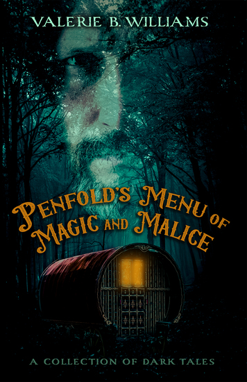 Ominous bearded man's face looming over a gypsy caravan in a dark woods 