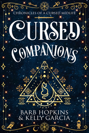 Dark blue cover with title in white that reads Cursed Companions. Decorations are in gold and include curly-cues, Egyptian symbols and a line drawing of a cat.