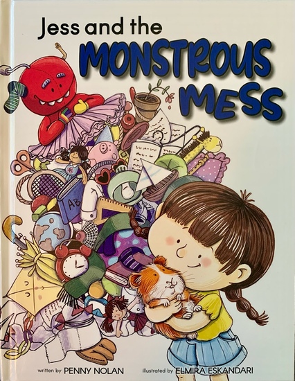 A girl holding a guinea pig with the clutter from her messy room coming to life as a monster.