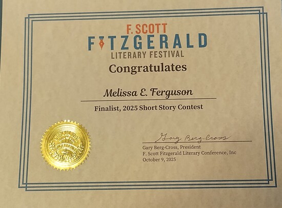F. Scott Fitzgerald Literary Festival short story contest Finalist prize for "Couch" (10/9/2025)