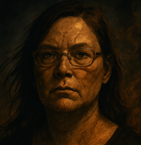 Artistic portrait of a woman with glasses, dark background, serious expression, based on original photo by the author