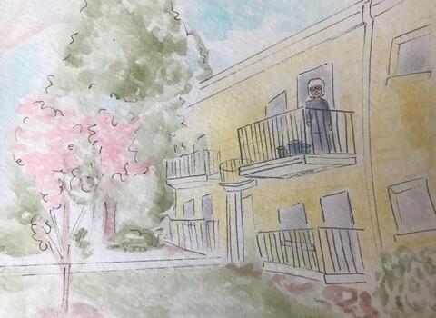 Pat McNees, social distancing (Paulette's near the sidewalk), after swapping eggs from Paulette's chickens for carrots from Pat's fridge. Painting by Lucinda.