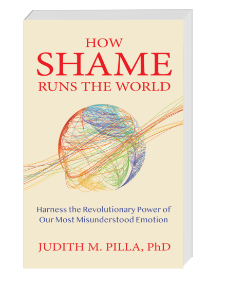 Book cover with title and abstract globe of the world encircled by colorful threads representing shame. 
