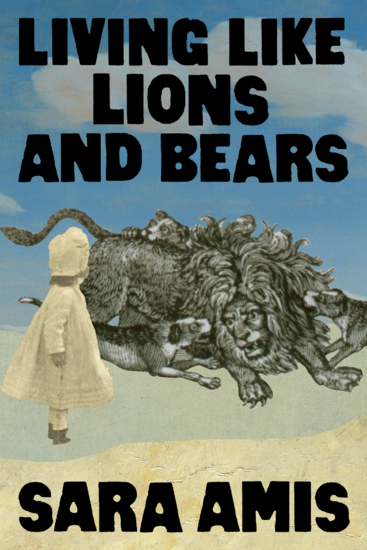 A lion is attacked by dogs while a little girl in a bonnet and pinafore looks on