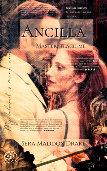 Book title, ANCILLA, in white text, superimposed on black silk sheet or scarf