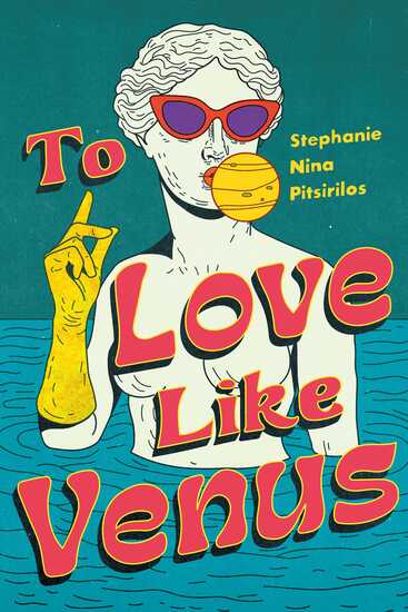 Statue of Greek statue of Venus sitting in the sea with sunglasses and her right hand snapping her fingers in a golden glove, blowing a bubble gum bubble from her red lipstick mouth that looks like the planet Venus. 