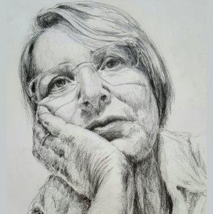 black and white, pencil drawing of a woman's face and hand