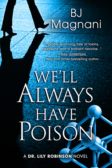 book cover showing shadowy a woman in heels walking and a large molecular structure