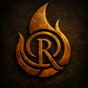 Author brand emblem for Ron Crandall featuring interlocking letters R, O, and C in ancient orichalcum, surrounded by a stylized flame motif.