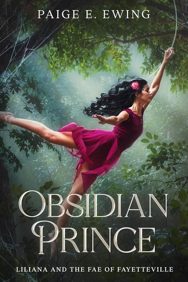 Woman with long curly black hair with a bi-color rose in it swings through trees in a red flowy dress on this book cover.