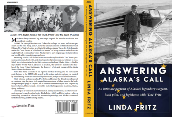 Description of book on back cover and front cover showing Dr. Milo Fritz standing with medical bag on pontoon of a float plane.Front and back covers of Answering