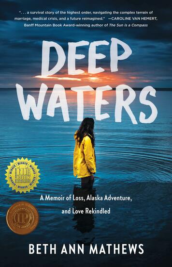 Cover of Deep Waters shows a woman wearing a yellow rain coat standing in water up to her knees gazing out at the ocean.