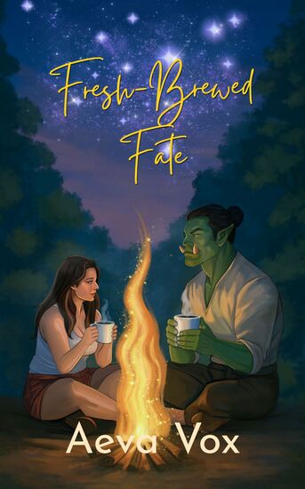 Fresh-Brewed Fate cover - a brunette woman and a green Orc sit around a fire and drink coffee while looking at each other. The starry sky is behind them.