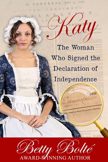 Cover of Katy depicting a colonial American woman facing the viewer with a magnifying glass featuring her name on the Declaration of Independence