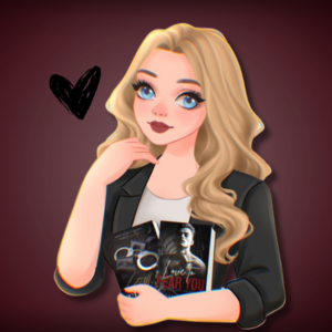 Illustrated image of a blonde woman in a black suit holding two books.