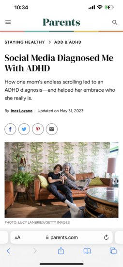 Screenshot of article on Parents.com, titled Social Media Diagnosed Me With ADHD with image of parent and child on sofa looking at a cell phone