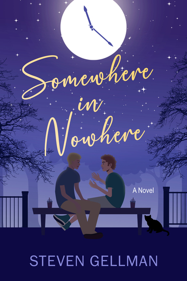 Cover of Steven's Gellman novel, Somewhere in Nowhere. The predominantly purple cover features two teens sitting on a bench in silhouette. 