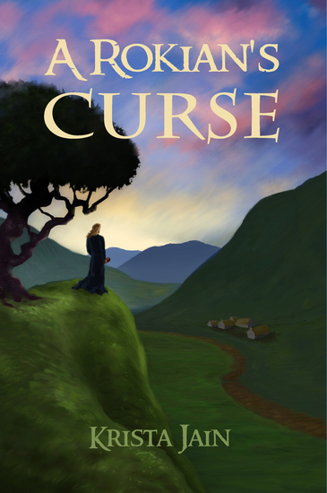 Fantasy book cover with a painted elf looking over a small village.