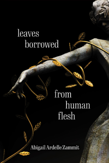 a statuesque female arm, decorated with golden leaves on a black background,head and skirt barely showing