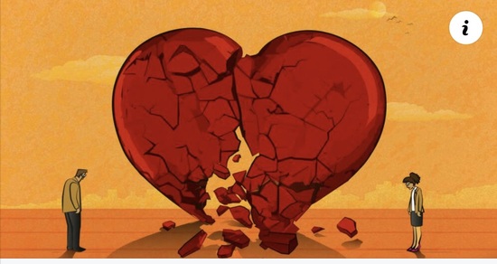 illustration of a giant crumbling heart with two people looking at it