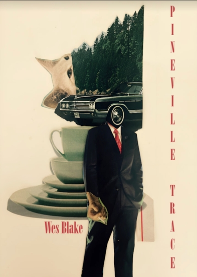 An image of a man wearing a suit with a 1950's era car for a head, which blooms into a group of pine trees with a cat overlooking.