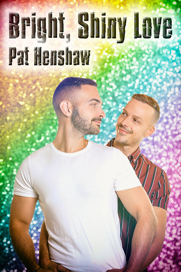 One man in tee-shirt looking over his shoulder at another man, both against a glittery rainbow background