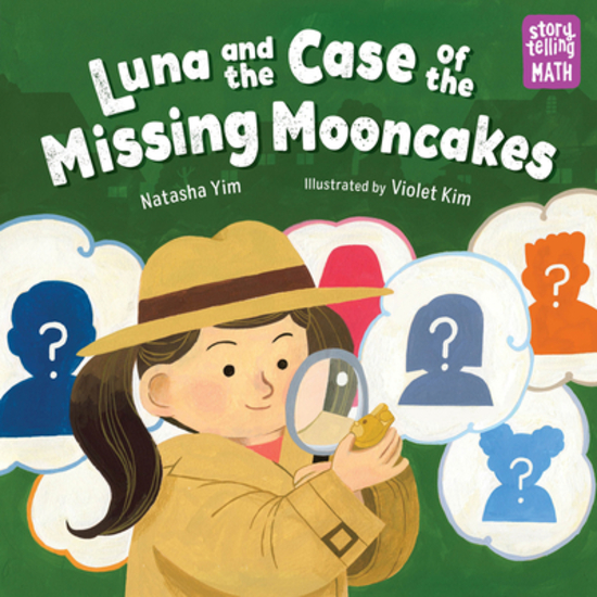 Picture book with illustration of an Asian American girl with brown hair, dressed in a brown trench coat and brown hat, holding a magnifying glass. There are thought bubbles around her with outlines of "suspects" and questions marks.
