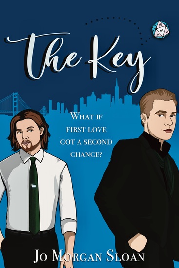 Two illustrated men standing with backs facing each other, one with dark medium-length hair and a goatee, the other clean-shaven and with short blond hair, under the book title "The Key" and subtitle, "What if first love got a second chance?"