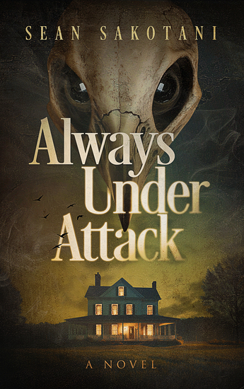 Novel cover art showing a multi-floor house in the countryside with a large bird skull looking down on the house.