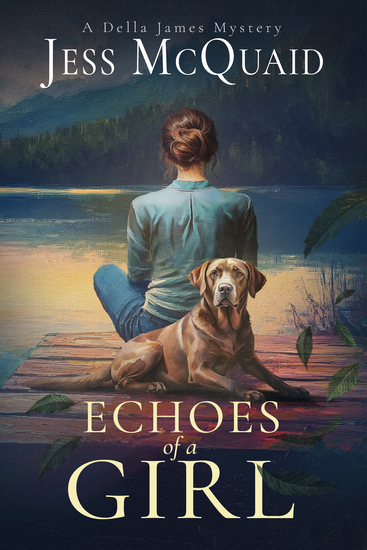 Cover shows a woman sitting on a deck on a lake with a chocolate lab poised to stand behind her