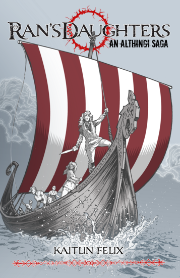 An image of a viking ship with red and white sails, with 6 women on board. 