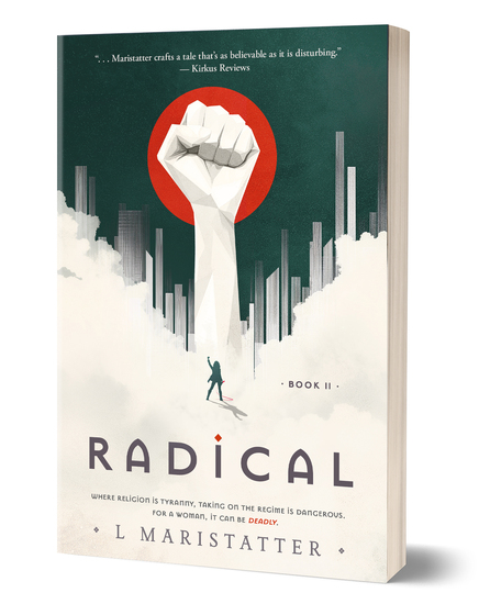 Book cover with woman standing in front of a city obscured by clouds, raising fist in the air. Book title RADICAL.