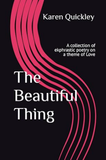 Picture of the cover of the poetry chapbook A Beautiful Thing--a black background with a hot pink curvy vertical design and white text.