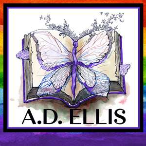 A.D. Ellis logo in rainbow colors with a butterfly and open book