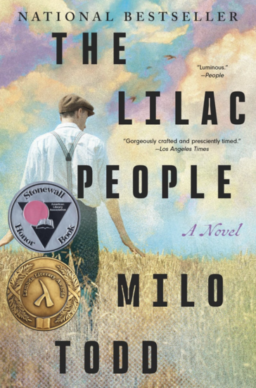 Photo of cover for The Lilac People, which includes a young man standing in a wheat field, his back to the camera. There's a sky above him with lilac clouds. The text on the cover reads "The Lilac People" and "Milo Todd." There are two award seals.