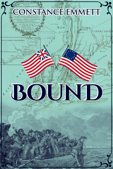 BOUND blue book cover showing Revolutionary War soldiers disembarking from small boat with two colonial era flags and 1776 map of New York in background