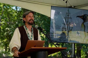 Andrew Halloran delivers a talk about chimpanzees