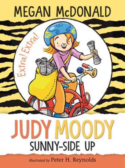 Image shows Judy Moody on her bicycle delivering newpapers