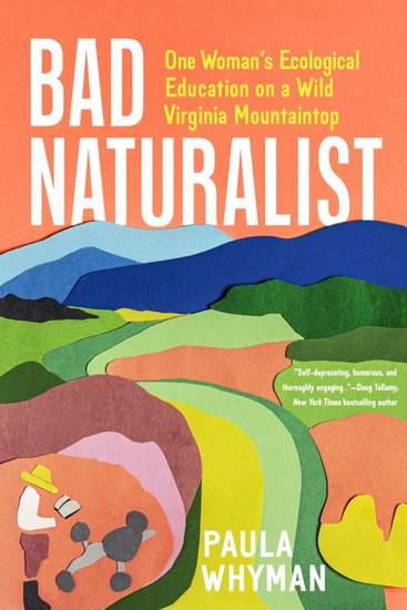 Collage/cut-out style image of blue mountains and green, yellow, orange meadow landscape, with person in hat holding journal in foreground & black standard poodle. Orange background, white lettering for title and author name.