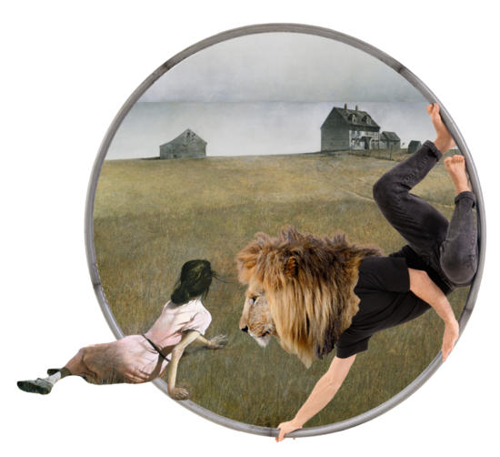 This is a collage of images, mostly contained within a large metal hoop. A man with a lion's head is climbing along the inside of the hoop. He's looking at a woman in a pink dress lying in a field of brown grass. The woman is from a painting. 
