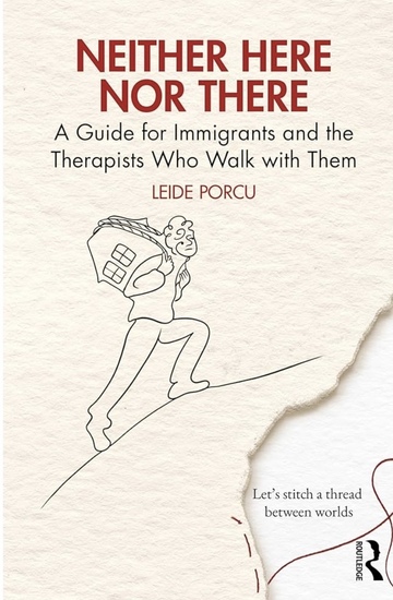 An immigrant with a backpack moves uphill across a torn page. A red thread loosely connects two sides. “Let's t stitch a stitch between worlds.”
