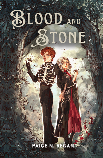 An elven teenage boy with red hair and a black skeletal outfit stands back-to-back with a blonde teenager girl in a red dress and cloak holding a sewing needle in the forest.