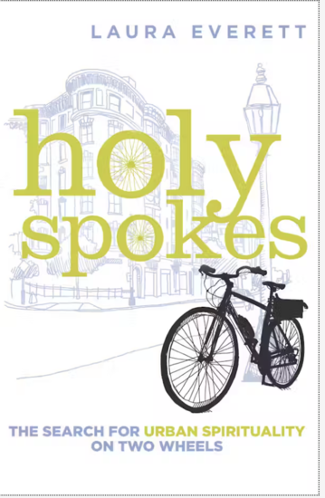 a hand drawn black bicycles in front of a lamp post with a purple cityscape behind it and in green type "Holy Spokes: The Search for Urban Spirituality on Two Wheels"