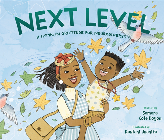 Book cover shows a blue background. There is a stream of air running diagonally, ridden by yellow and green leaves and bluish birds. A stylish Black mother holds her son on her hip, watching him reach joyfully for the wind. He wears a sensory neckless