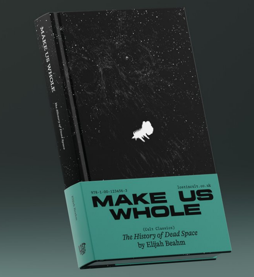 An inky black book with stars forming the shape of an eldritch beast opening its maw around a tiny space ship. Beneath is cyan blue binding with the book's title and information towards the bottom of the hardcover.
