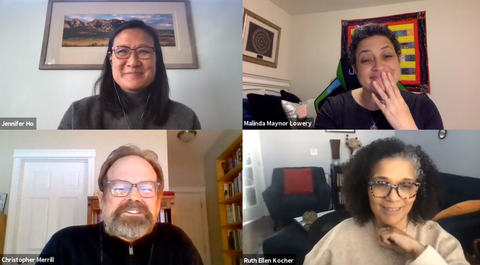 A screenshot of the virtual "Cultural Postmortem 2020" event featuring Jennifer Ho moderating conversations with Ruth Ellen Kocher, Malinda Maynor Lowery, and Christopher Merrill. 