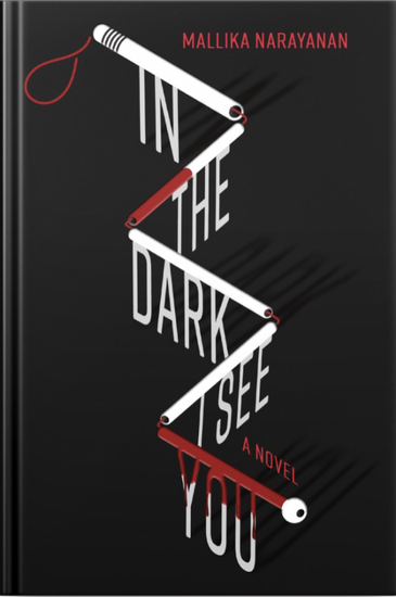 Book jacket with title In the Dark ISEE You written hanging from each fold of an unfolding blind stick at cross angles in white against the dark grey background of the book cover, with blood dripping down the word YOU. Author name in red on top right.