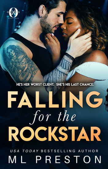 A man and woman stand closely, embracing, with the text "Falling for the Rockstar" and "ML Preston" below them.