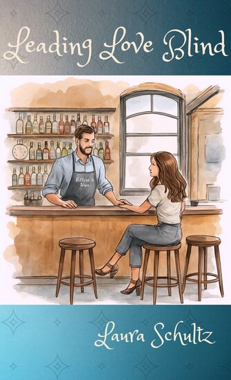 Front cover of Leading Love Blind features a woman sitting at a bar with male bartender serving her a drink and resting his hand across hers.
