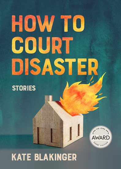 book cover showing a wooden block house with fire on roof against a teal watercolor background